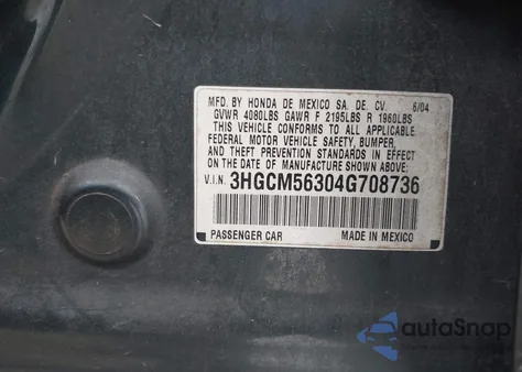 2004 Honda Accord 2.4 Lx z USA, uszkodzony, nr VIN 3HGCM56304G708736